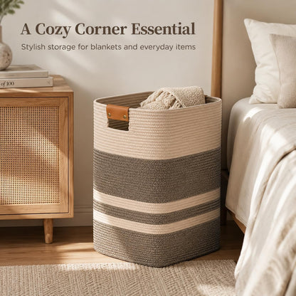 Laundry Hamper, Cotton Rope Laundry Basket with Leather Handles, 21.1-Gallon/80 L Large Clothes Hampers for Laundry, Woven Laundry Baskets for Blankets, Clothing, Bedroom, Living Room, Nursery
