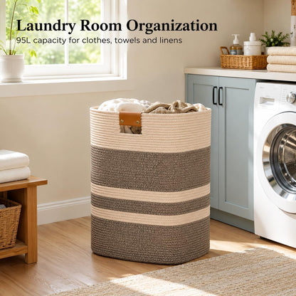Laundry Hamper, Cotton Rope Laundry Basket with Leather Handles, 21.1-Gallon/80 L Large Clothes Hampers for Laundry, Woven Laundry Baskets for Blankets, Clothing, Bedroom, Living Room, Nursery