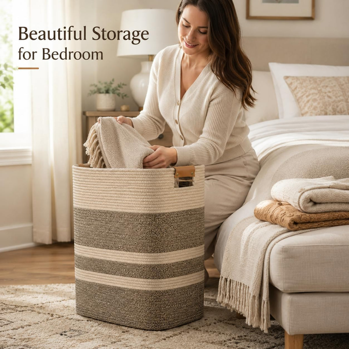 Laundry Hamper, Cotton Rope Laundry Basket with Leather Handles, 21.1-Gallon/80 L Large Clothes Hampers for Laundry, Woven Laundry Baskets for Blankets, Clothing, Bedroom, Living Room, Nursery