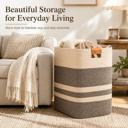 Laundry Hamper, Cotton Rope Laundry Basket with Leather Handles, 21.1-Gallon/80 L Large Clothes Hampers for Laundry, Woven Laundry Baskets for Blankets, Clothing, Bedroom, Living Room, Nursery