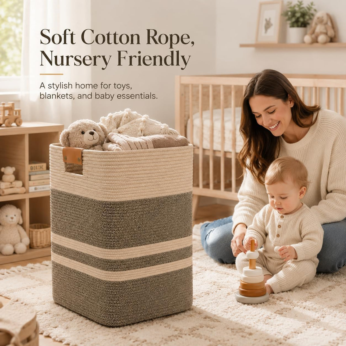Laundry Hamper, Cotton Rope Laundry Basket with Leather Handles, 21.1-Gallon/80 L Large Clothes Hampers for Laundry, Woven Laundry Baskets for Blankets, Clothing, Bedroom, Living Room, Nursery