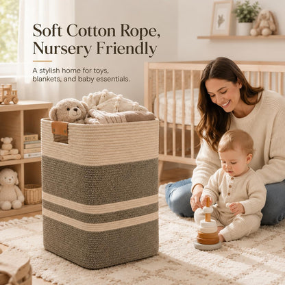 Laundry Hamper, Cotton Rope Laundry Basket with Leather Handles, 21.1-Gallon/80 L Large Clothes Hampers for Laundry, Woven Laundry Baskets for Blankets, Clothing, Bedroom, Living Room, Nursery