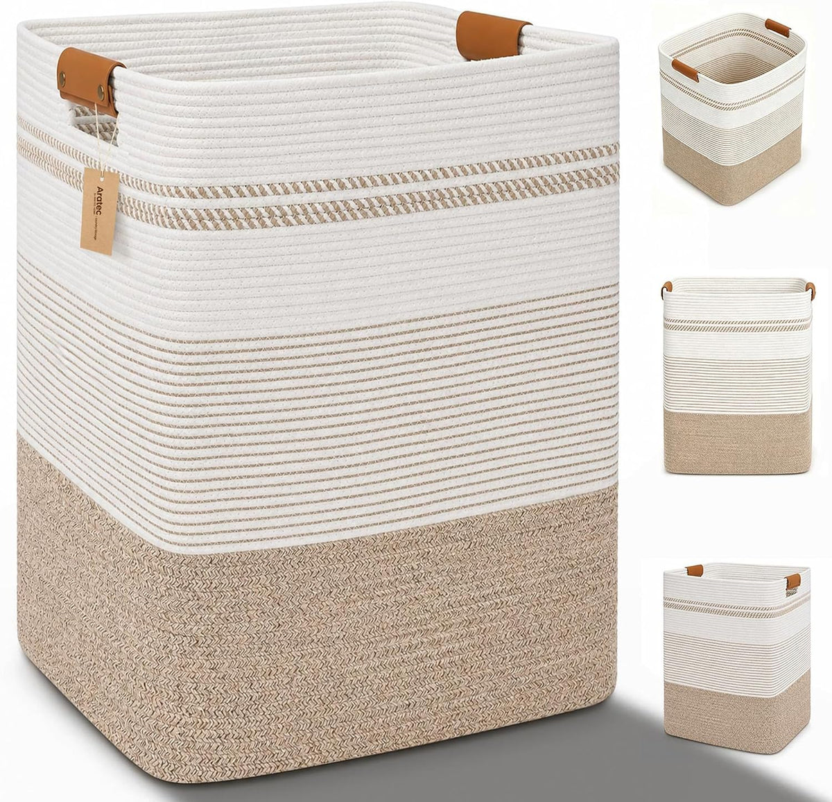 Laundry Hamper, Cotton Rope Laundry Basket with Leather Handles, 21.1-Gallon/80 L Large Clothes Hampers for Laundry, Woven Laundry Baskets for Blankets, Clothing, Bedroom, Living Room, Nursery