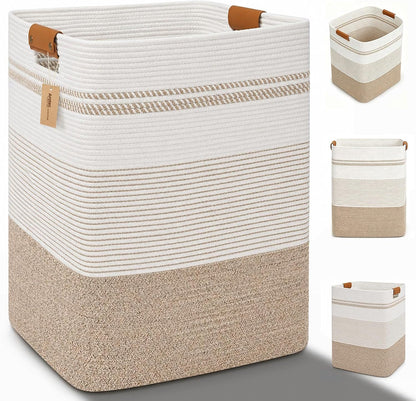 Laundry Hamper, Cotton Rope Laundry Basket with Leather Handles, 21.1-Gallon/80 L Large Clothes Hampers for Laundry, Woven Laundry Baskets for Blankets, Clothing, Bedroom, Living Room, Nursery