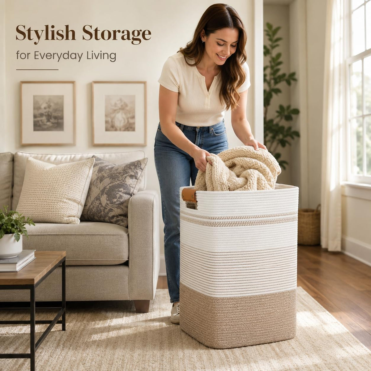 Laundry Hamper, Cotton Rope Laundry Basket with Leather Handles, 21.1-Gallon/80 L Large Clothes Hampers for Laundry, Woven Laundry Baskets for Blankets, Clothing, Bedroom, Living Room, Nursery