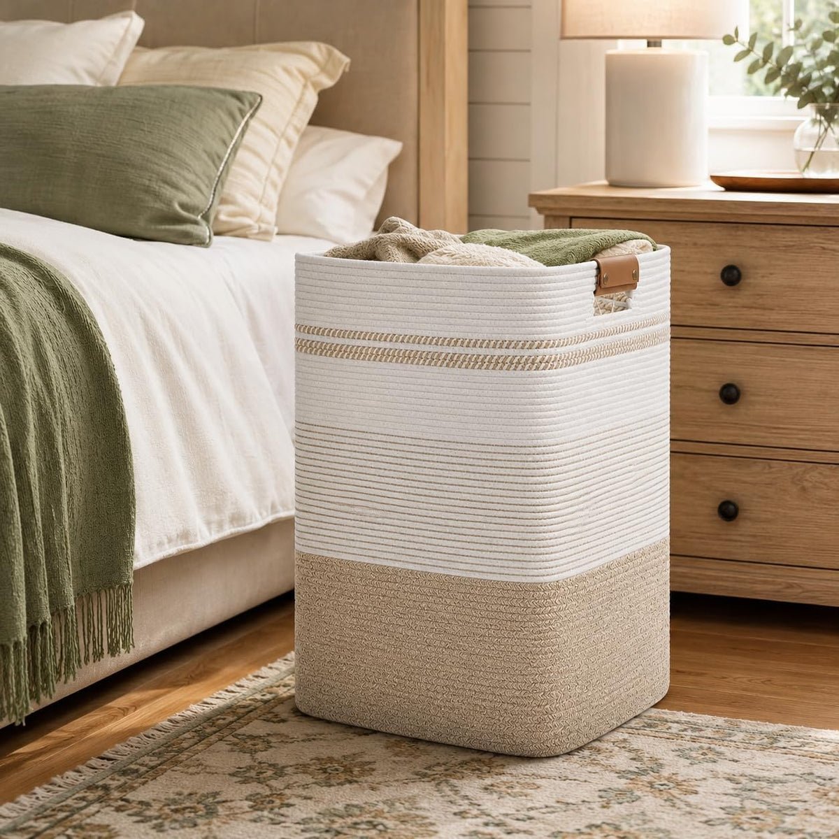 Laundry Hamper, Cotton Rope Laundry Basket with Leather Handles, 21.1-Gallon/80 L Large Clothes Hampers for Laundry, Woven Laundry Baskets for Blankets, Clothing, Bedroom, Living Room, Nursery