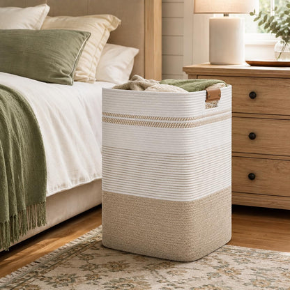 Laundry Hamper, Cotton Rope Laundry Basket with Leather Handles, 21.1-Gallon/80 L Large Clothes Hampers for Laundry, Woven Laundry Baskets for Blankets, Clothing, Bedroom, Living Room, Nursery