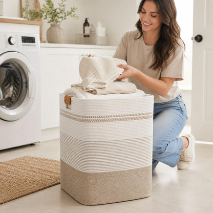 Laundry Hamper, Cotton Rope Laundry Basket with Leather Handles, 21.1-Gallon/80 L Large Clothes Hampers for Laundry, Woven Laundry Baskets for Blankets, Clothing, Bedroom, Living Room, Nursery