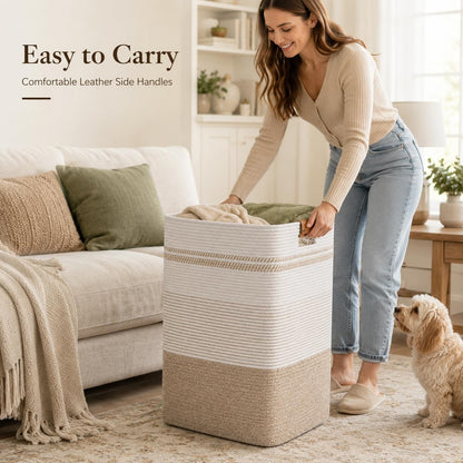 Laundry Hamper, Cotton Rope Laundry Basket with Leather Handles, 21.1-Gallon/80 L Large Clothes Hampers for Laundry, Woven Laundry Baskets for Blankets, Clothing, Bedroom, Living Room, Nursery