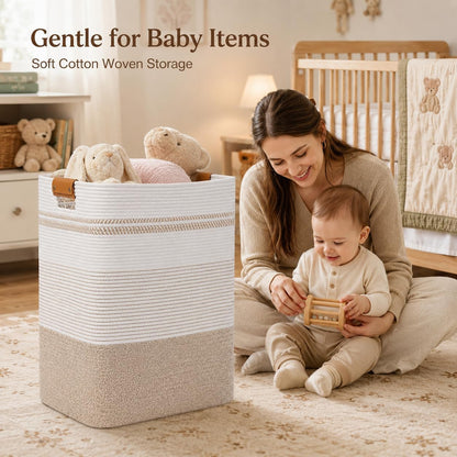 Laundry Hamper, Cotton Rope Laundry Basket with Leather Handles, 21.1-Gallon/80 L Large Clothes Hampers for Laundry, Woven Laundry Baskets for Blankets, Clothing, Bedroom, Living Room, Nursery