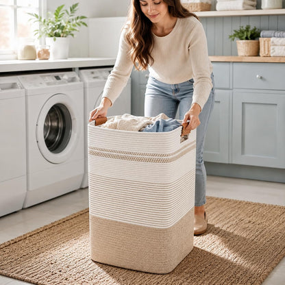 Laundry Hamper, Cotton Rope Laundry Basket with Leather Handles, 21.1-Gallon/80 L Large Clothes Hampers for Laundry, Woven Laundry Baskets for Blankets, Clothing, Bedroom, Living Room, Nursery