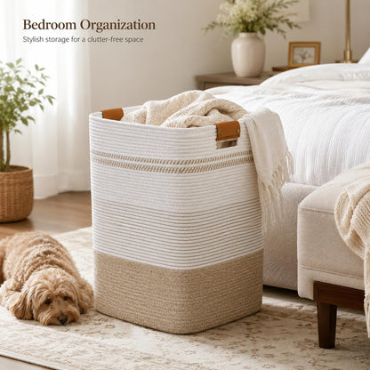 Laundry Hamper, Cotton Rope Laundry Basket with Leather Handles, 21.1-Gallon/80 L Large Clothes Hampers for Laundry, Woven Laundry Baskets for Blankets, Clothing, Bedroom, Living Room, Nursery