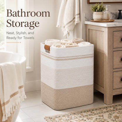 Laundry Hamper, Cotton Rope Laundry Basket with Leather Handles, 21.1-Gallon/80 L Large Clothes Hampers for Laundry, Woven Laundry Baskets for Blankets, Clothing, Bedroom, Living Room, Nursery