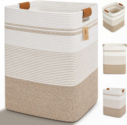 Laundry Hamper, Cotton Rope Laundry Basket with Leather Handles, 21.1-Gallon/80 L Large Clothes Hampers for Laundry, Woven Laundry Baskets for Blankets, Clothing, Bedroom, Living Room, Nursery