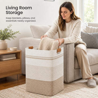 Laundry Hamper, Cotton Rope Laundry Basket with Leather Handles, 21.1-Gallon/80 L Large Clothes Hampers for Laundry, Woven Laundry Baskets for Blankets, Clothing, Bedroom, Living Room, Nursery