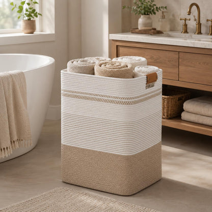 Laundry Hamper, Cotton Rope Laundry Basket with Leather Handles, 21.1-Gallon/80 L Large Clothes Hampers for Laundry, Woven Laundry Baskets for Blankets, Clothing, Bedroom, Living Room, Nursery
