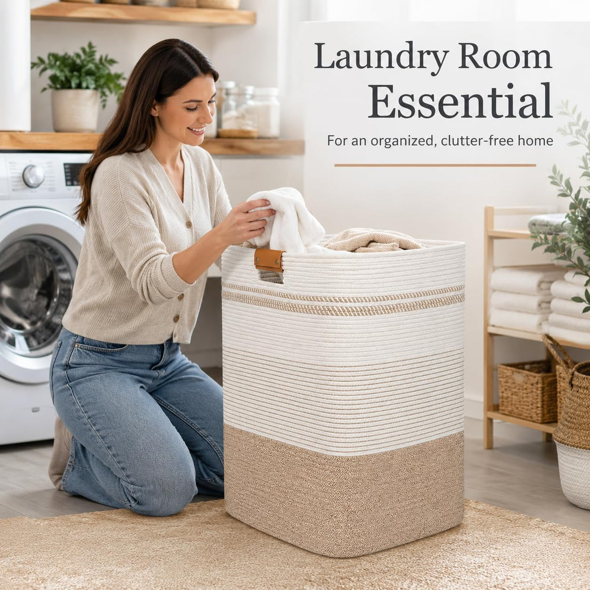Laundry Hamper, Cotton Rope Laundry Basket with Leather Handles, 21.1-Gallon/80 L Large Clothes Hampers for Laundry, Woven Laundry Baskets for Blankets, Clothing, Bedroom, Living Room, Nursery