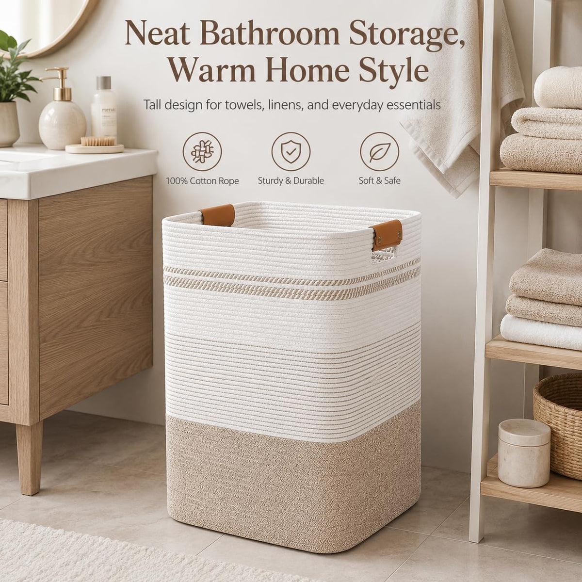 Laundry Hamper, Cotton Rope Laundry Basket with Leather Handles, 21.1-Gallon/80 L Large Clothes Hampers for Laundry, Woven Laundry Baskets for Blankets, Clothing, Bedroom, Living Room, Nursery