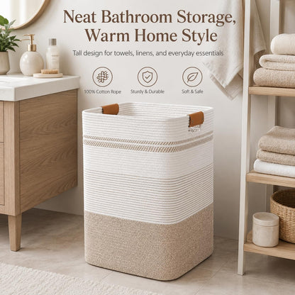 Laundry Hamper, Cotton Rope Laundry Basket with Leather Handles, 21.1-Gallon/80 L Large Clothes Hampers for Laundry, Woven Laundry Baskets for Blankets, Clothing, Bedroom, Living Room, Nursery