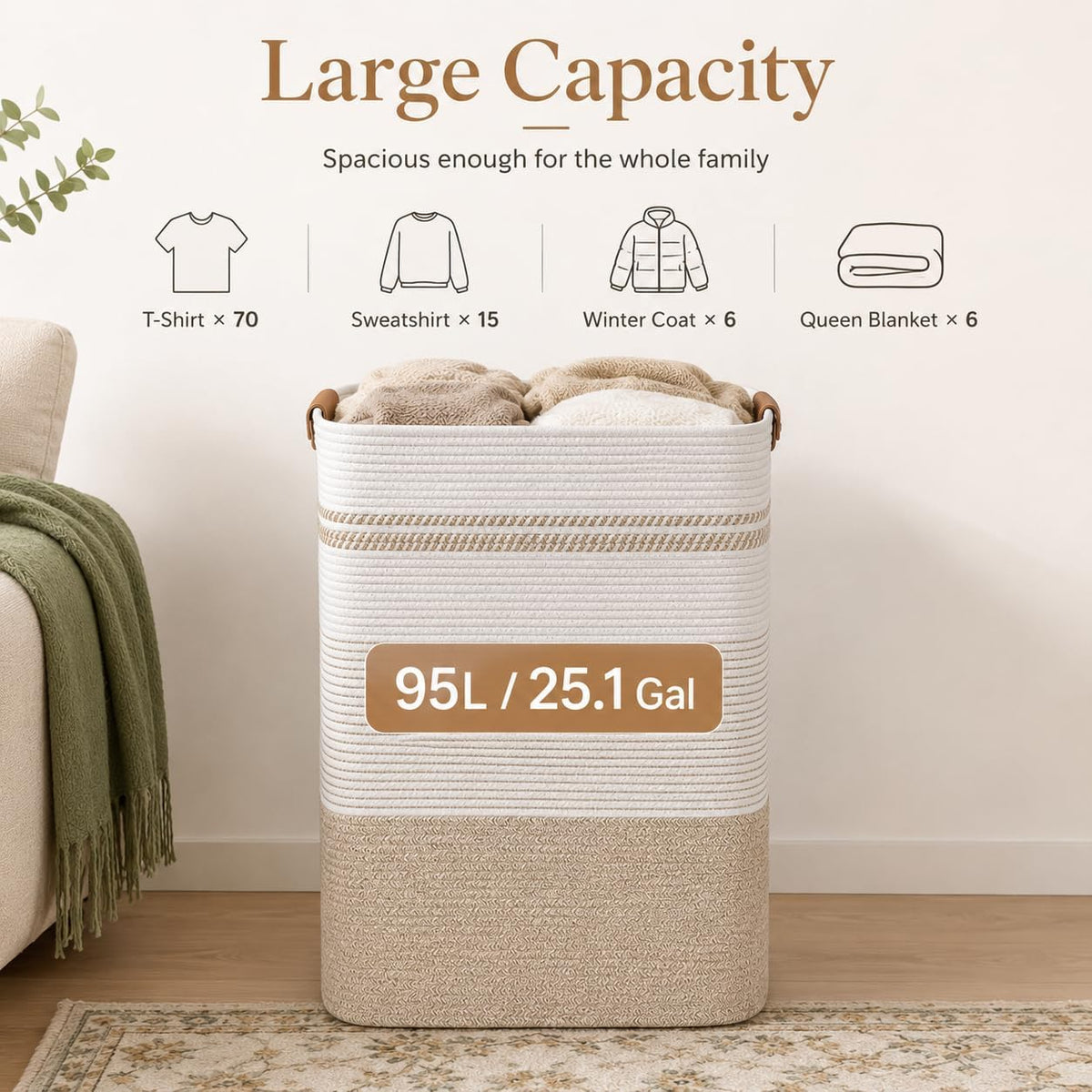 Laundry Hamper, Cotton Rope Laundry Basket with Leather Handles, 21.1-Gallon/80 L Large Clothes Hampers for Laundry, Woven Laundry Baskets for Blankets, Clothing, Bedroom, Living Room, Nursery