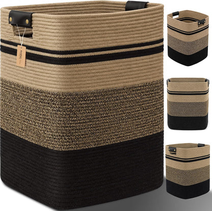 Laundry Hamper, Cotton Rope Laundry Basket with Leather Handles, 21.1-Gallon/80 L Large Clothes Hampers for Laundry, Woven Laundry Baskets for Blankets, Clothing, Bedroom, Living Room, Nursery