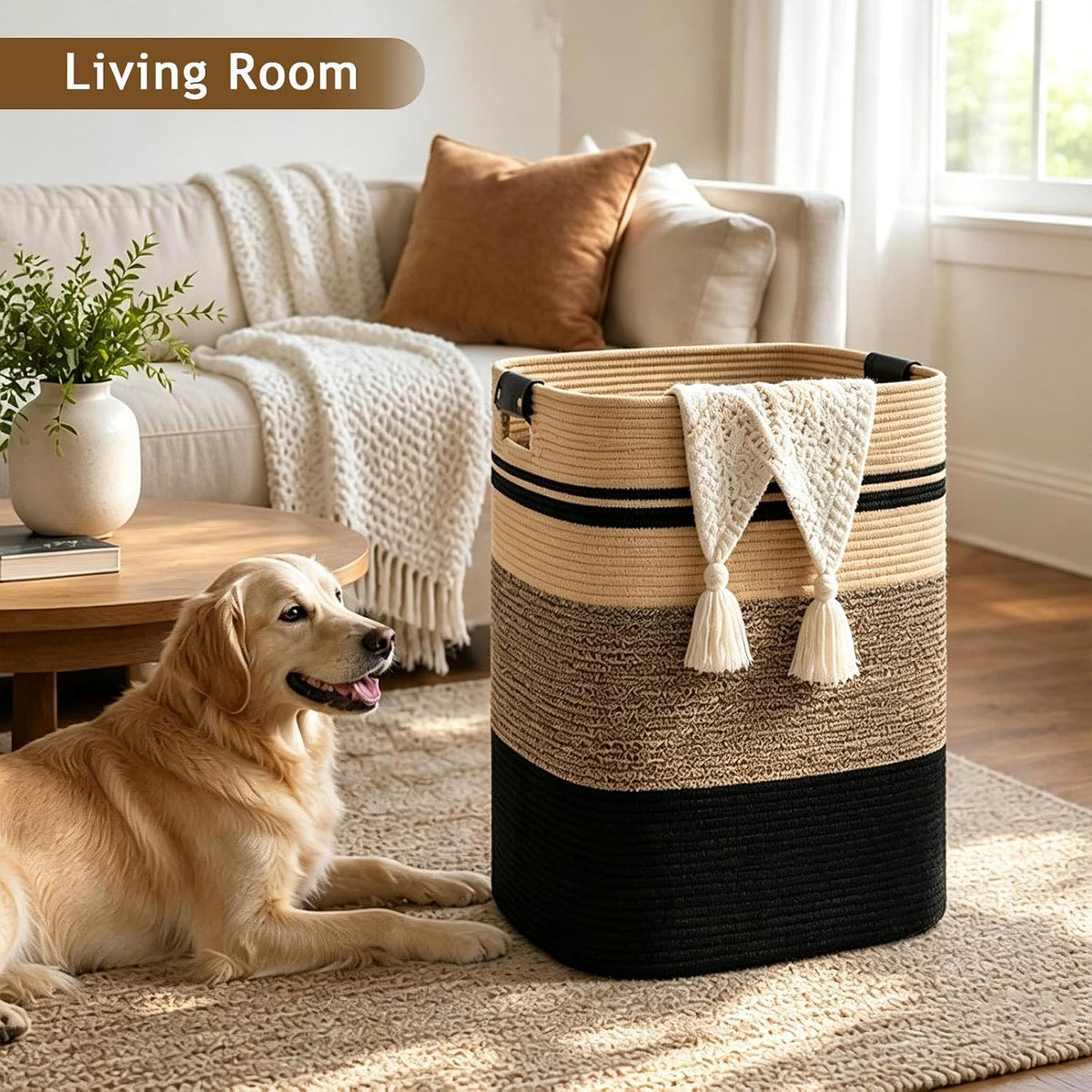 Laundry Hamper, Cotton Rope Laundry Basket with Leather Handles, 21.1-Gallon/80 L Large Clothes Hampers for Laundry, Woven Laundry Baskets for Blankets, Clothing, Bedroom, Living Room, Nursery
