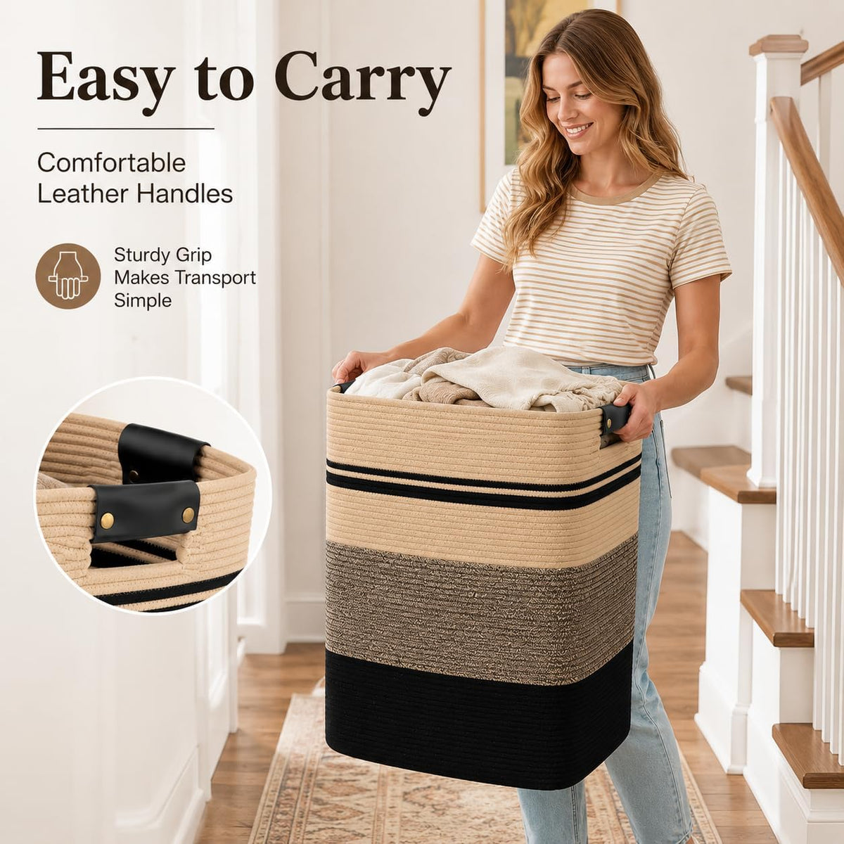 Laundry Hamper, Cotton Rope Laundry Basket with Leather Handles, 21.1-Gallon/80 L Large Clothes Hampers for Laundry, Woven Laundry Baskets for Blankets, Clothing, Bedroom, Living Room, Nursery