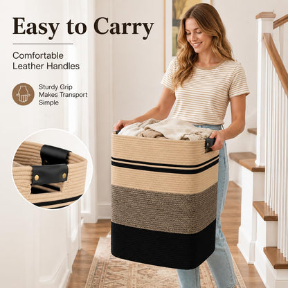 Laundry Hamper, Cotton Rope Laundry Basket with Leather Handles, 21.1-Gallon/80 L Large Clothes Hampers for Laundry, Woven Laundry Baskets for Blankets, Clothing, Bedroom, Living Room, Nursery