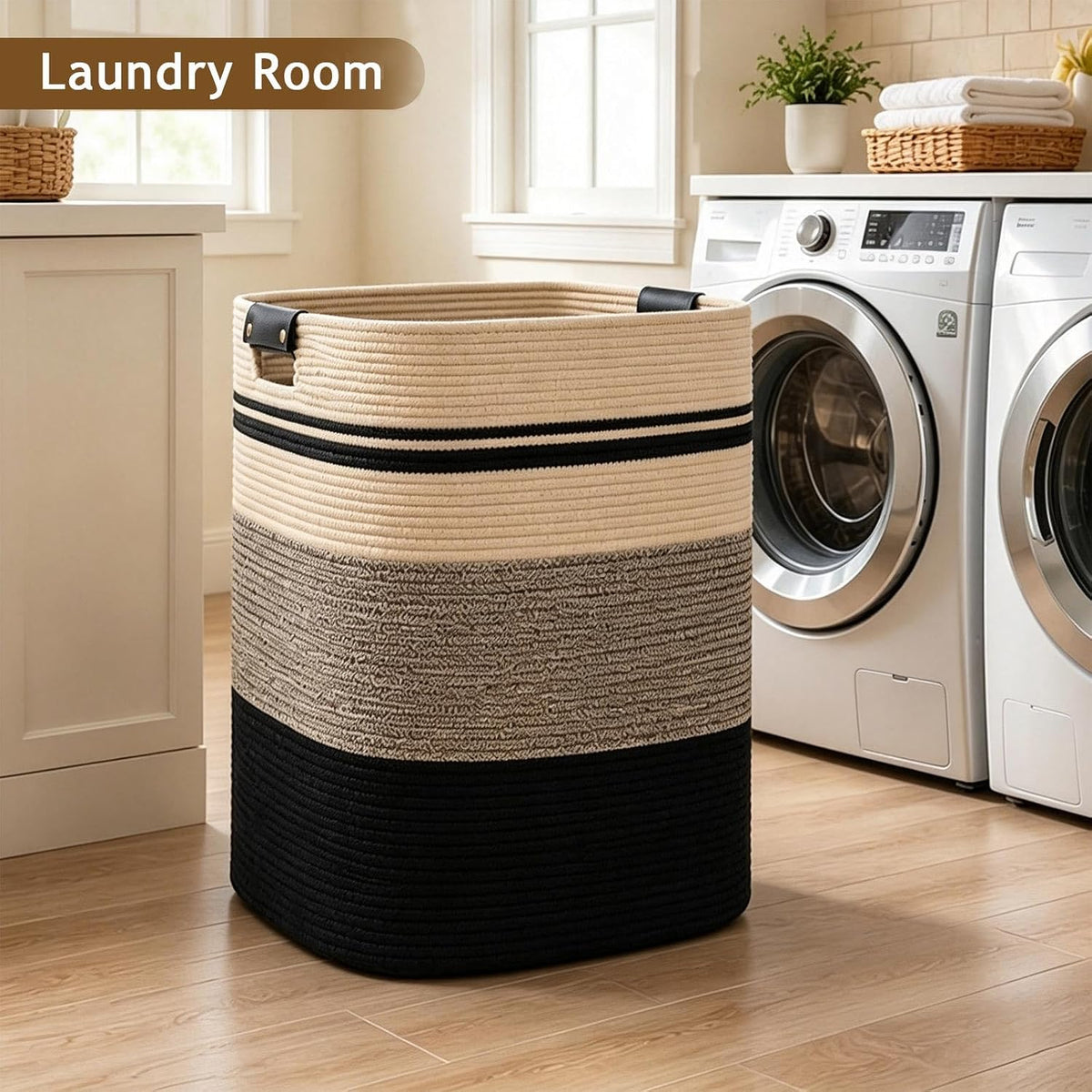 Laundry Hamper, Cotton Rope Laundry Basket with Leather Handles, 21.1-Gallon/80 L Large Clothes Hampers for Laundry, Woven Laundry Baskets for Blankets, Clothing, Bedroom, Living Room, Nursery