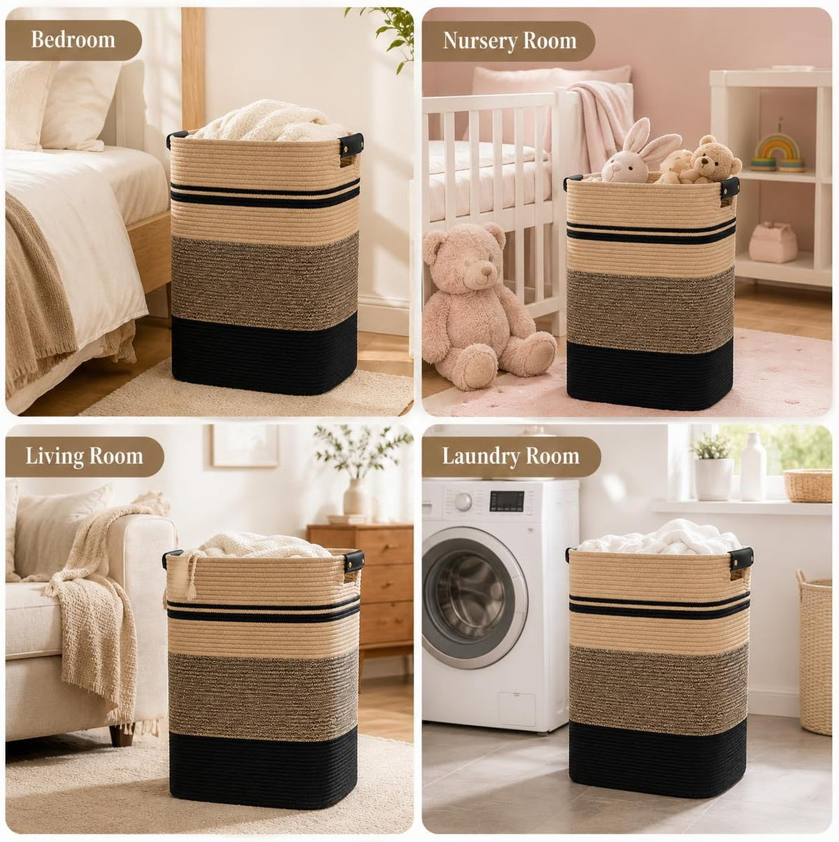 Laundry Hamper, Cotton Rope Laundry Basket with Leather Handles, 21.1-Gallon/80 L Large Clothes Hampers for Laundry, Woven Laundry Baskets for Blankets, Clothing, Bedroom, Living Room, Nursery
