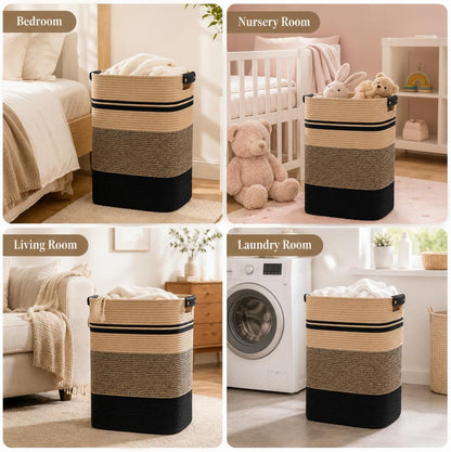 Laundry Hamper, Cotton Rope Laundry Basket with Leather Handles, 21.1-Gallon/80 L Large Clothes Hampers for Laundry, Woven Laundry Baskets for Blankets, Clothing, Bedroom, Living Room, Nursery