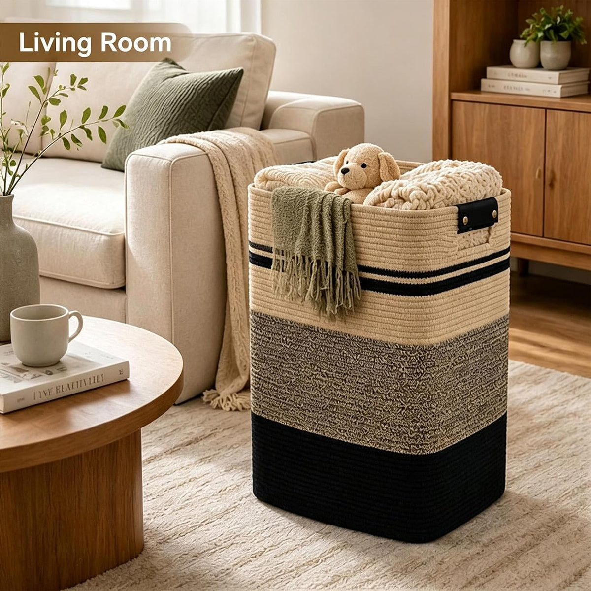 Laundry Hamper, Cotton Rope Laundry Basket with Leather Handles, 21.1-Gallon/80 L Large Clothes Hampers for Laundry, Woven Laundry Baskets for Blankets, Clothing, Bedroom, Living Room, Nursery