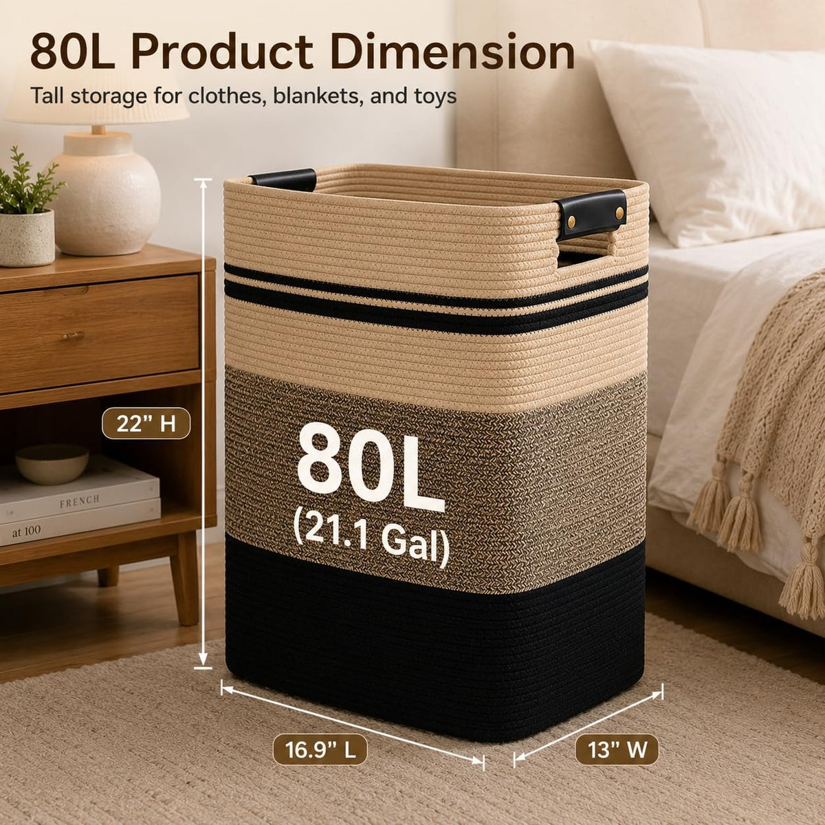 Laundry Hamper, Cotton Rope Laundry Basket with Leather Handles, 21.1-Gallon/80 L Large Clothes Hampers for Laundry, Woven Laundry Baskets for Blankets, Clothing, Bedroom, Living Room, Nursery