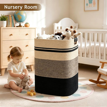 Laundry Hamper, Cotton Rope Laundry Basket with Leather Handles, 21.1-Gallon/80 L Large Clothes Hampers for Laundry, Woven Laundry Baskets for Blankets, Clothing, Bedroom, Living Room, Nursery