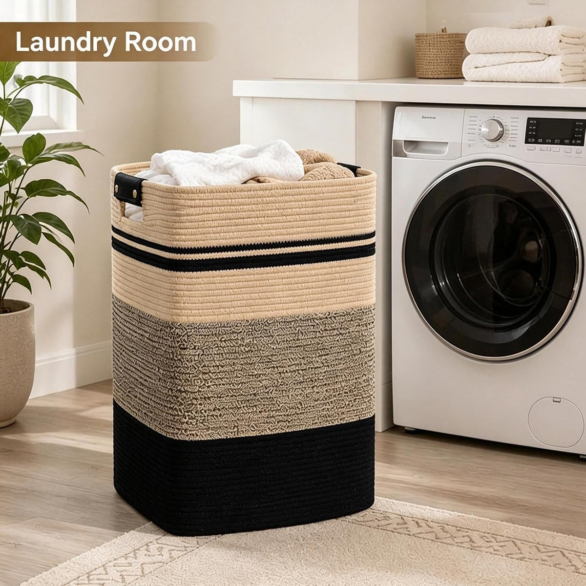 Laundry Hamper, Cotton Rope Laundry Basket with Leather Handles, 21.1-Gallon/80 L Large Clothes Hampers for Laundry, Woven Laundry Baskets for Blankets, Clothing, Bedroom, Living Room, Nursery