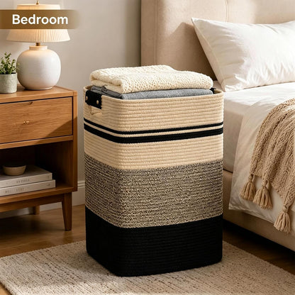 Laundry Hamper, Cotton Rope Laundry Basket with Leather Handles, 21.1-Gallon/80 L Large Clothes Hampers for Laundry, Woven Laundry Baskets for Blankets, Clothing, Bedroom, Living Room, Nursery