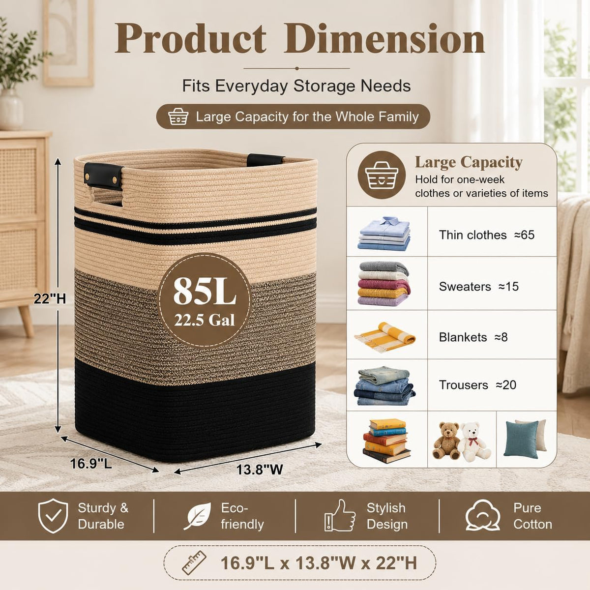 Laundry Hamper, Cotton Rope Laundry Basket with Leather Handles, 21.1-Gallon/80 L Large Clothes Hampers for Laundry, Woven Laundry Baskets for Blankets, Clothing, Bedroom, Living Room, Nursery