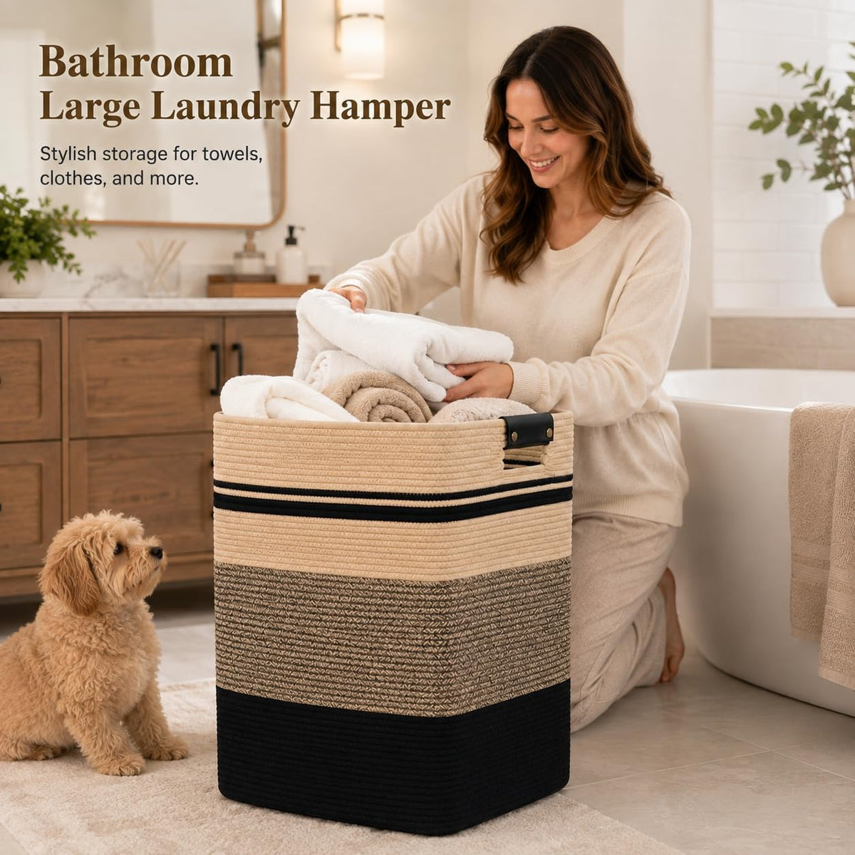 Laundry Hamper, Cotton Rope Laundry Basket with Leather Handles, 21.1-Gallon/80 L Large Clothes Hampers for Laundry, Woven Laundry Baskets for Blankets, Clothing, Bedroom, Living Room, Nursery