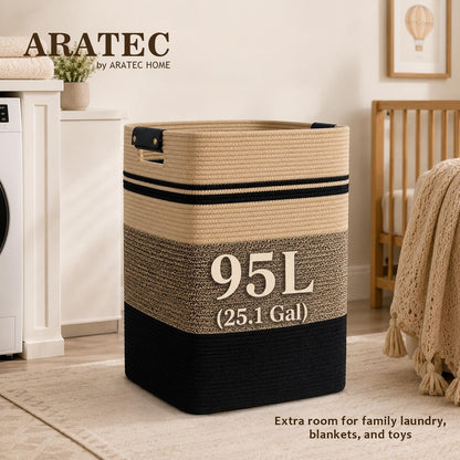 Laundry Hamper, Cotton Rope Laundry Basket with Leather Handles, 21.1-Gallon/80 L Large Clothes Hampers for Laundry, Woven Laundry Baskets for Blankets, Clothing, Bedroom, Living Room, Nursery