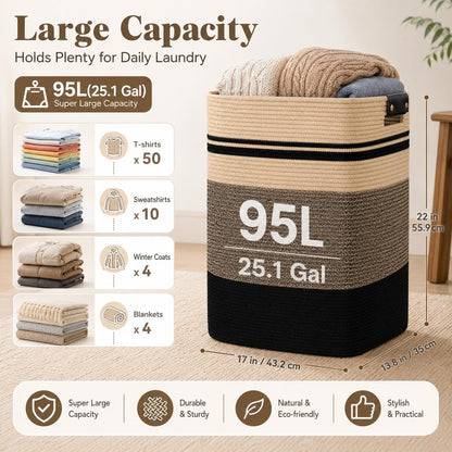 Laundry Hamper, Cotton Rope Laundry Basket with Leather Handles, 21.1-Gallon/80 L Large Clothes Hampers for Laundry, Woven Laundry Baskets for Blankets, Clothing, Bedroom, Living Room, Nursery