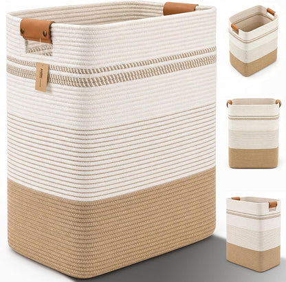 Laundry Hamper, Cotton Rope Laundry Basket with Leather Handles, 21.1-Gallon/80 L Large Clothes Hampers for Laundry, Woven Laundry Baskets for Blankets, Clothing, Bedroom, Living Room, Nursery