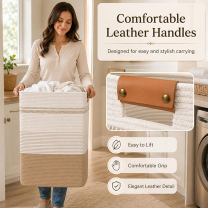 Laundry Hamper, Cotton Rope Laundry Basket with Leather Handles, 21.1-Gallon/80 L Large Clothes Hampers for Laundry, Woven Laundry Baskets for Blankets, Clothing, Bedroom, Living Room, Nursery
