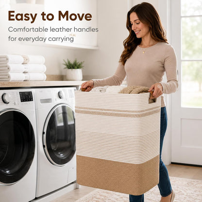 Laundry Hamper, Cotton Rope Laundry Basket with Leather Handles, 21.1-Gallon/80 L Large Clothes Hampers for Laundry, Woven Laundry Baskets for Blankets, Clothing, Bedroom, Living Room, Nursery