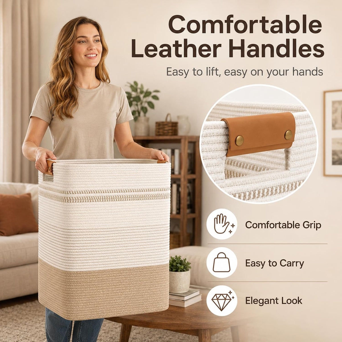 Laundry Hamper, Cotton Rope Laundry Basket with Leather Handles, 21.1-Gallon/80 L Large Clothes Hampers for Laundry, Woven Laundry Baskets for Blankets, Clothing, Bedroom, Living Room, Nursery