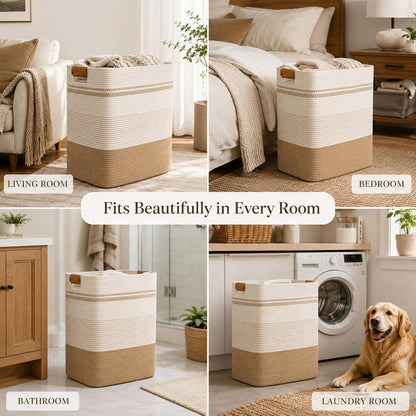 Laundry Hamper, Cotton Rope Laundry Basket with Leather Handles, 21.1-Gallon/80 L Large Clothes Hampers for Laundry, Woven Laundry Baskets for Blankets, Clothing, Bedroom, Living Room, Nursery