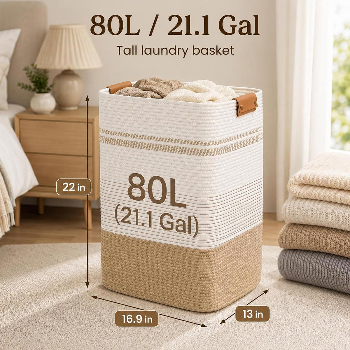 Laundry Hamper, Cotton Rope Laundry Basket with Leather Handles, 21.1-Gallon/80 L Large Clothes Hampers for Laundry, Woven Laundry Baskets for Blankets, Clothing, Bedroom, Living Room, Nursery