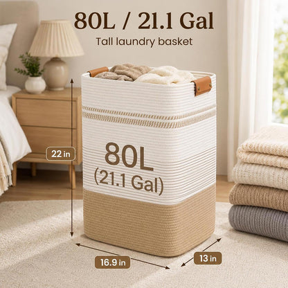Laundry Hamper, Cotton Rope Laundry Basket with Leather Handles, 21.1-Gallon/80 L Large Clothes Hampers for Laundry, Woven Laundry Baskets for Blankets, Clothing, Bedroom, Living Room, Nursery