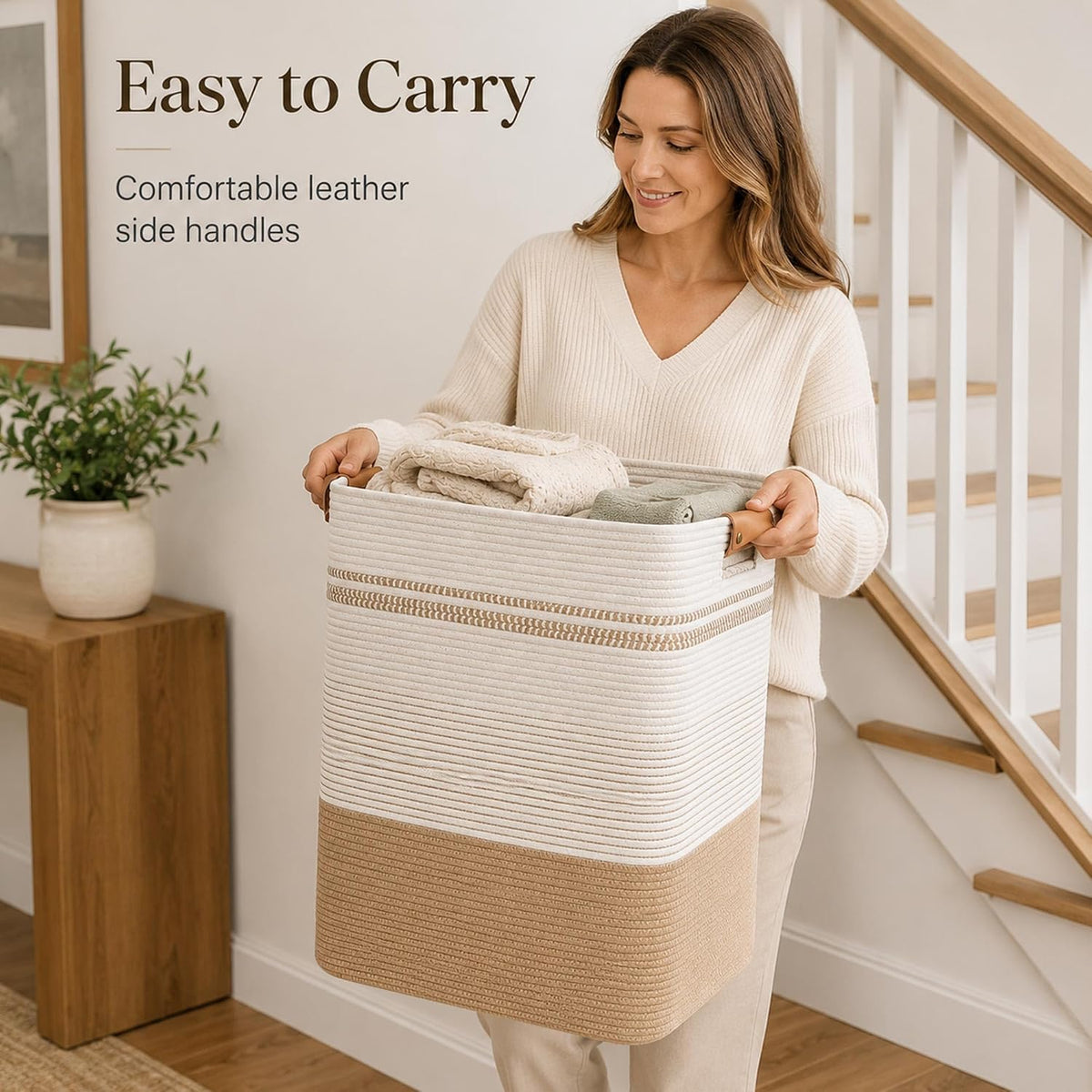 Laundry Hamper, Cotton Rope Laundry Basket with Leather Handles, 21.1-Gallon/80 L Large Clothes Hampers for Laundry, Woven Laundry Baskets for Blankets, Clothing, Bedroom, Living Room, Nursery