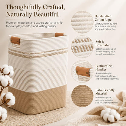 Laundry Hamper, Cotton Rope Laundry Basket with Leather Handles, 21.1-Gallon/80 L Large Clothes Hampers for Laundry, Woven Laundry Baskets for Blankets, Clothing, Bedroom, Living Room, Nursery