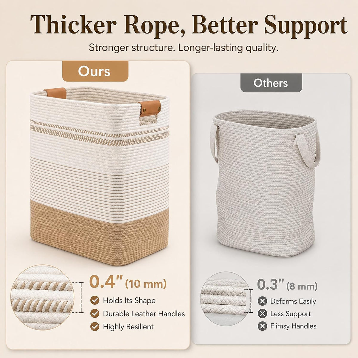 Laundry Hamper, Cotton Rope Laundry Basket with Leather Handles, 21.1-Gallon/80 L Large Clothes Hampers for Laundry, Woven Laundry Baskets for Blankets, Clothing, Bedroom, Living Room, Nursery